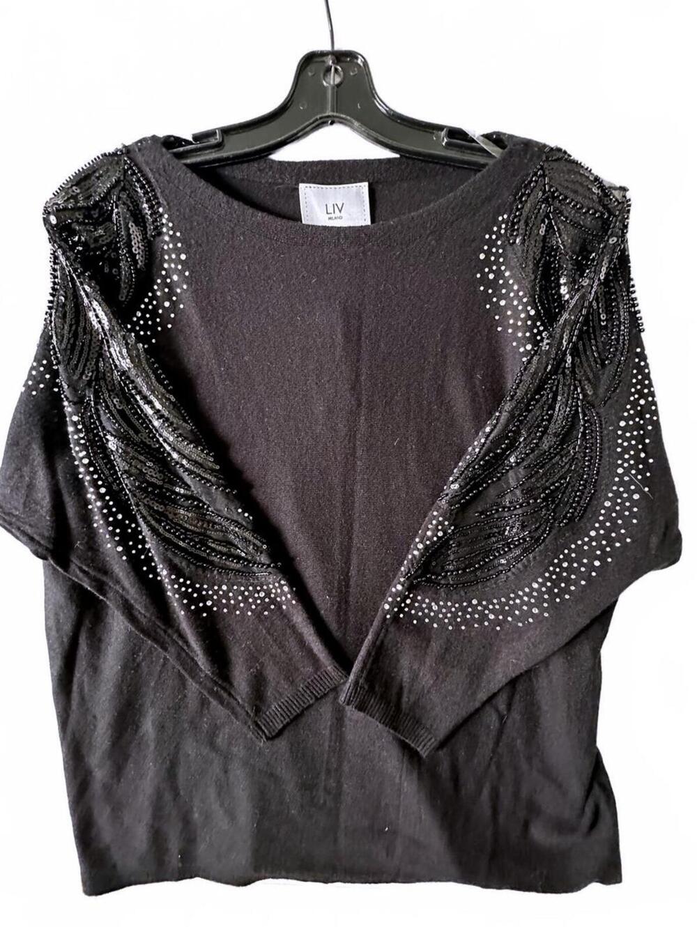 LIV Milano Black Embellished Long Batwing sheer Sleeves Sweater - Size L NWT